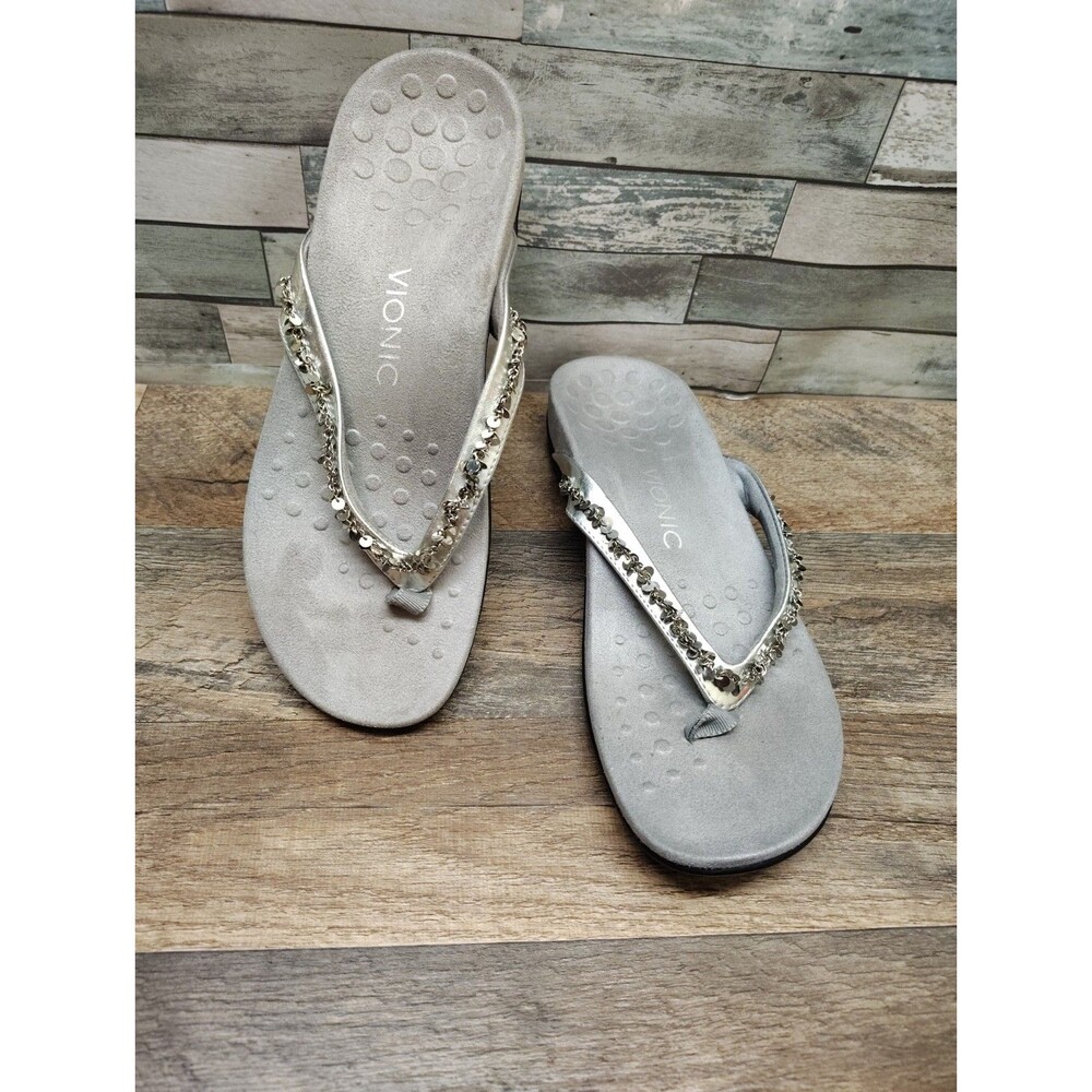 Vionic Belize Thong Sandals Metallic Sequin Flip Flops Size 9 Womens Silver NWOT